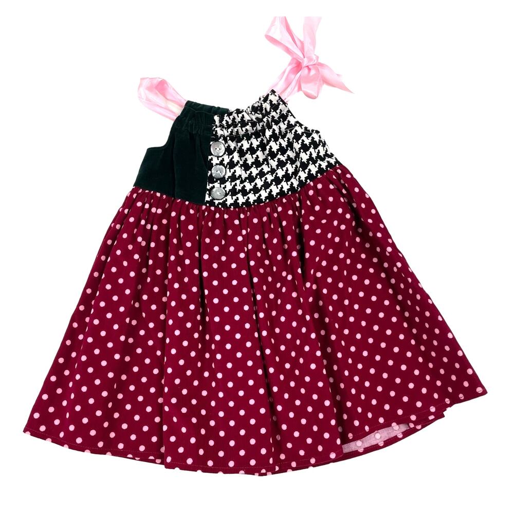 A La Modish Girls Pink Polka Dot Print Corduroy Ribbon Tie Dress 18-24 Months